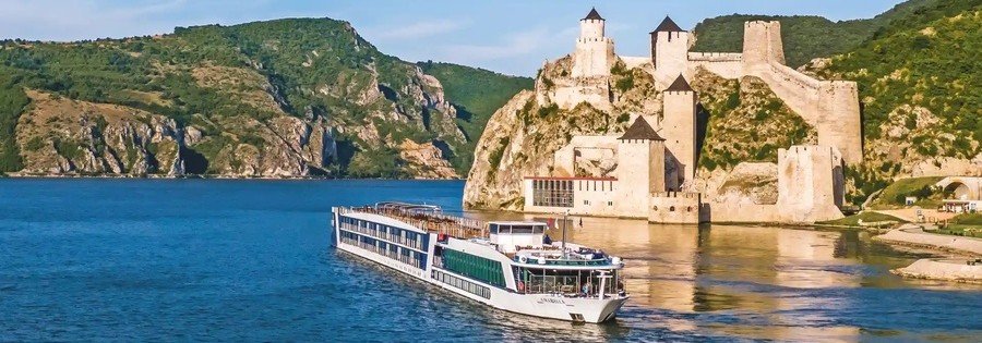 Rhine River cruise ship sailing past a medieval castle on rocky cliffs in Germany