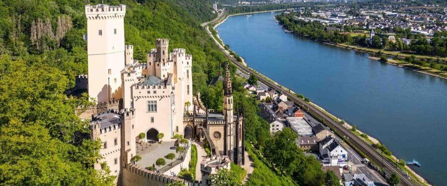 Stolzenfels Castle overlooking the Rhine Gorge and river near Koblenz in the Upper Middle Rhine Valley Germany