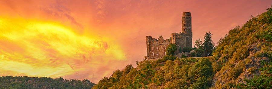 Burg Maus castle at sunset overlooking the Rhine Gorge in the Upper Middle Rhine Valley Germany