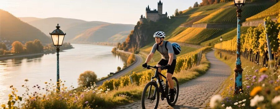 Cyclist riding along the Rhine Gorge bike path with vineyards and castle overlooking the Rhine River in Germany
